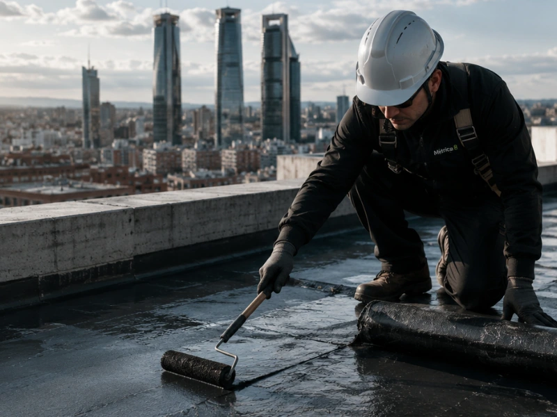 Trabajador realizando impermeabilizacion de cubierta en edificio con vistas urbanas en Madrid Trabajador realizando impermeabilizacion de cubierta en edificio con vistas urbanas en Madrid