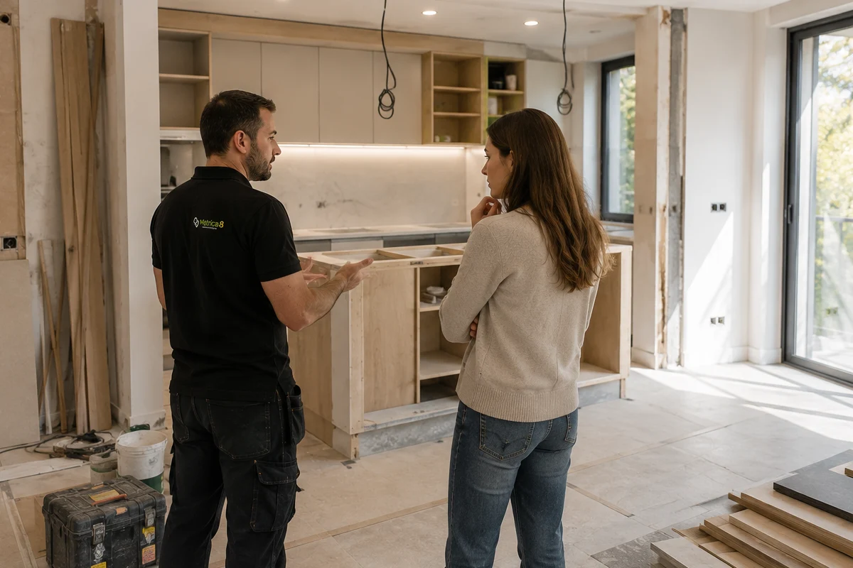 cliente y tecnico revisando una reforma integral durante la ejecucion de la obra cliente y tecnico revisando una reforma integral durante la ejecucion de la obra