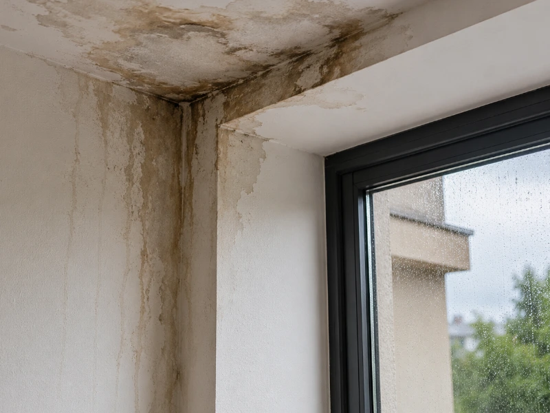 humedad por filtracion en techo y pared con manchas de agua y deterioro visible