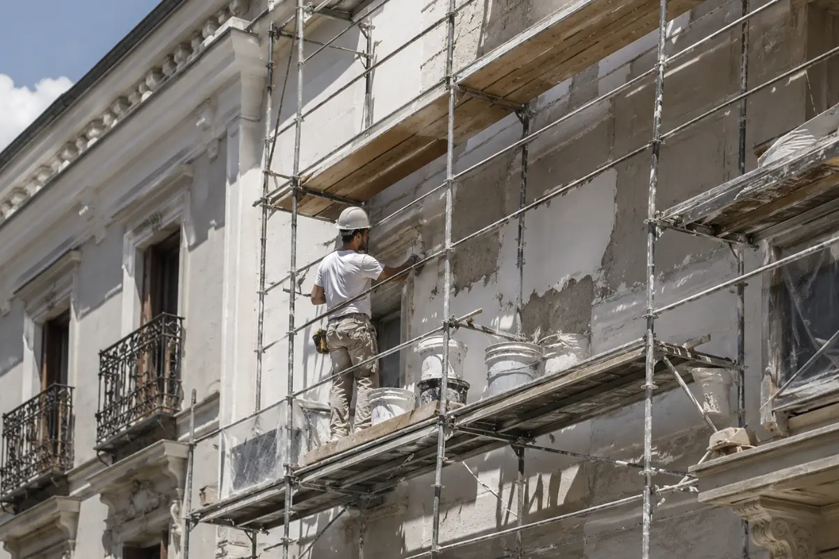 Trabajador realizando impermeabilizacion de cubierta en edificio con vistas urbanas en Madrid