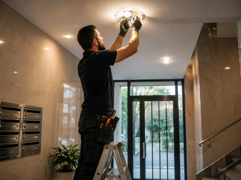 tecnico realizando mantenimiento de iluminacion en portal de comunidad de vecinos madrid tecnico realizando mantenimiento de iluminacion en portal de comunidad de vecinos madrid